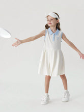 Young Girls" Sporty Sleeveless Polo Dress With Pleated Hem And Colorful Striped Collar, Quick-Dry And Cool For Summer